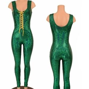 Lace Up Green Holographic Catsuit
